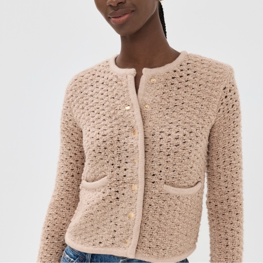 Staud Cardigan Sweater Tan Lisson Jacket Merino Wool Camel Knit Large Gold Snap